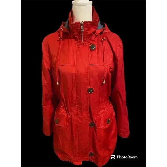 TRIBAL Women's Petite Small Hooded Coat Red Full Zipper 4 Brown Buttons - Picture 1 of 4